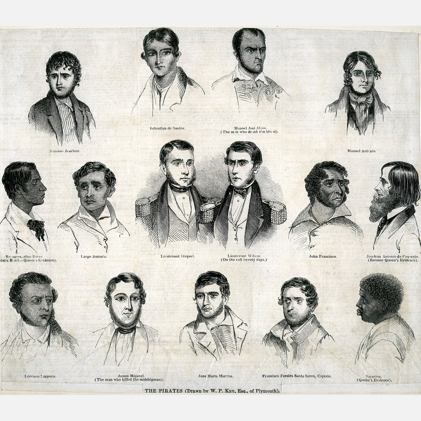 Illustration of the Brazilian pirates, who were arrested at Plymouth and sent to the Devon County Assizes, and two of the Royal Naval Officers (centre). Drawn by W P Key, esquire, of Plymouth.