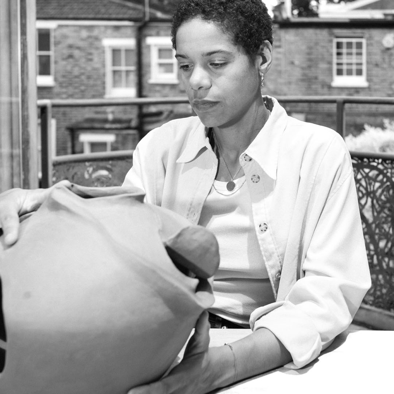 Bisila Noha with a 'Primus' sculpture © Bisila Noha, Courtesy of the artist.