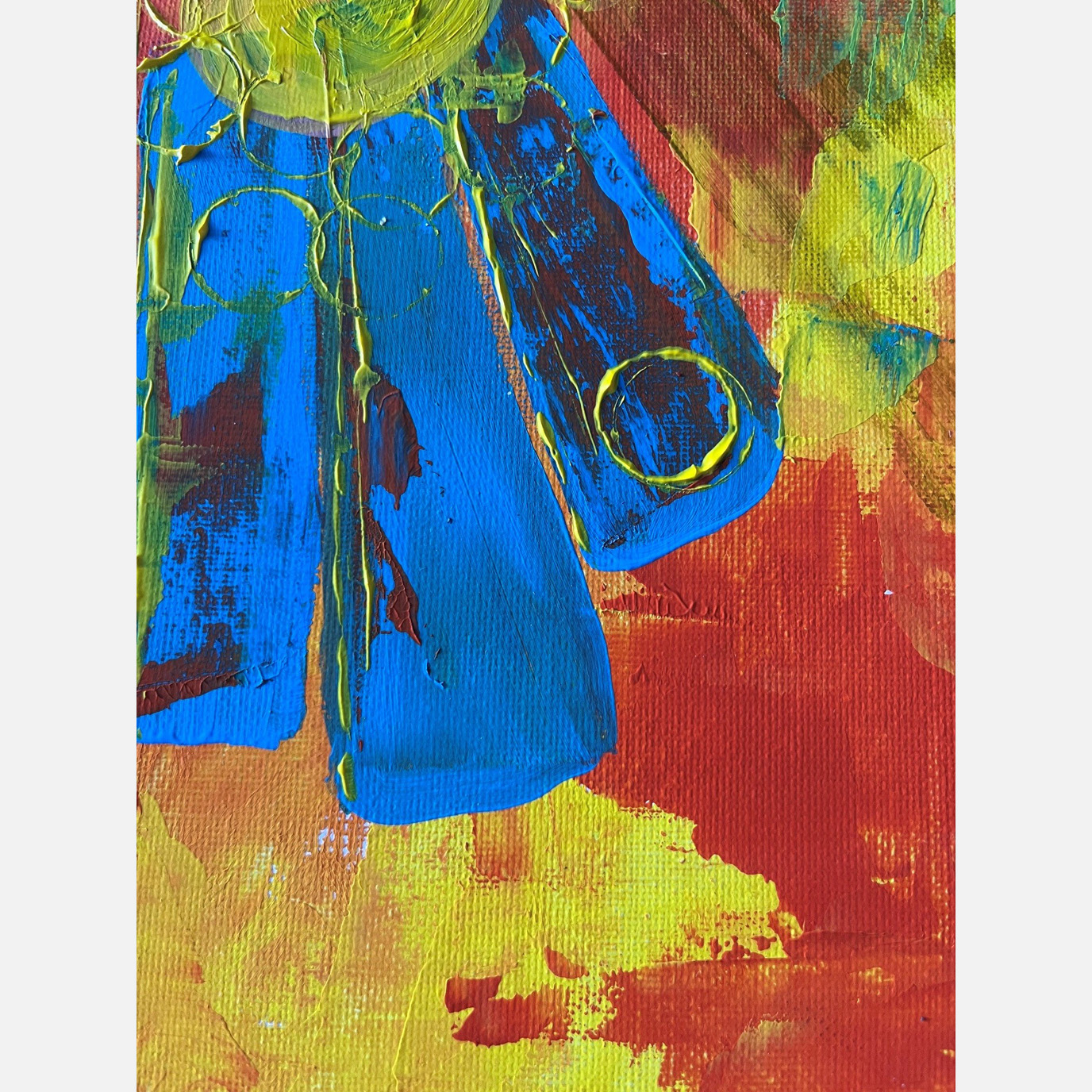 An abstract painting in red, blue, yellow and green