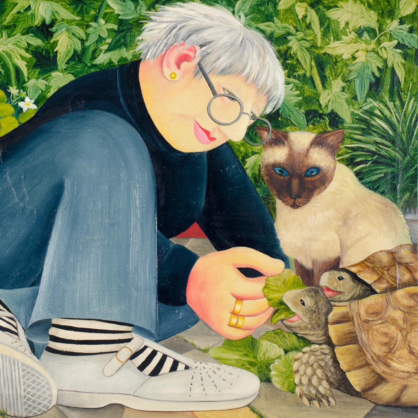 Beryl Cook, Feeding the Tortoise (detail). courtesy of www.ourberylcook.com © John Cook 2025.